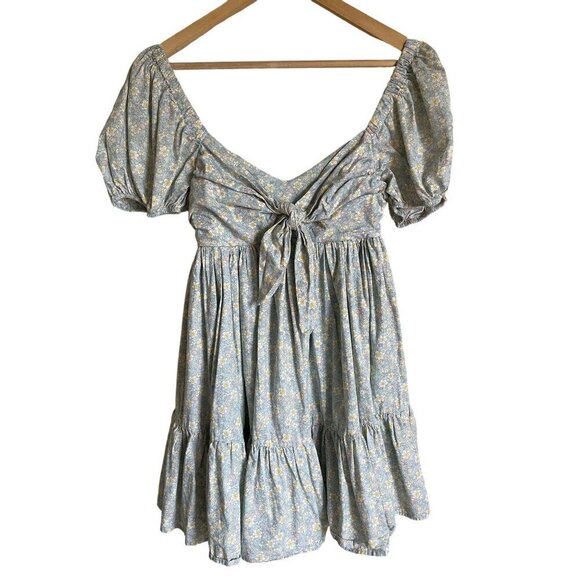 Mable Size Medium Smocked Tie Bow Doll Front Blue Floral Mini Dress A-Line Puff - Picture 2 of 8